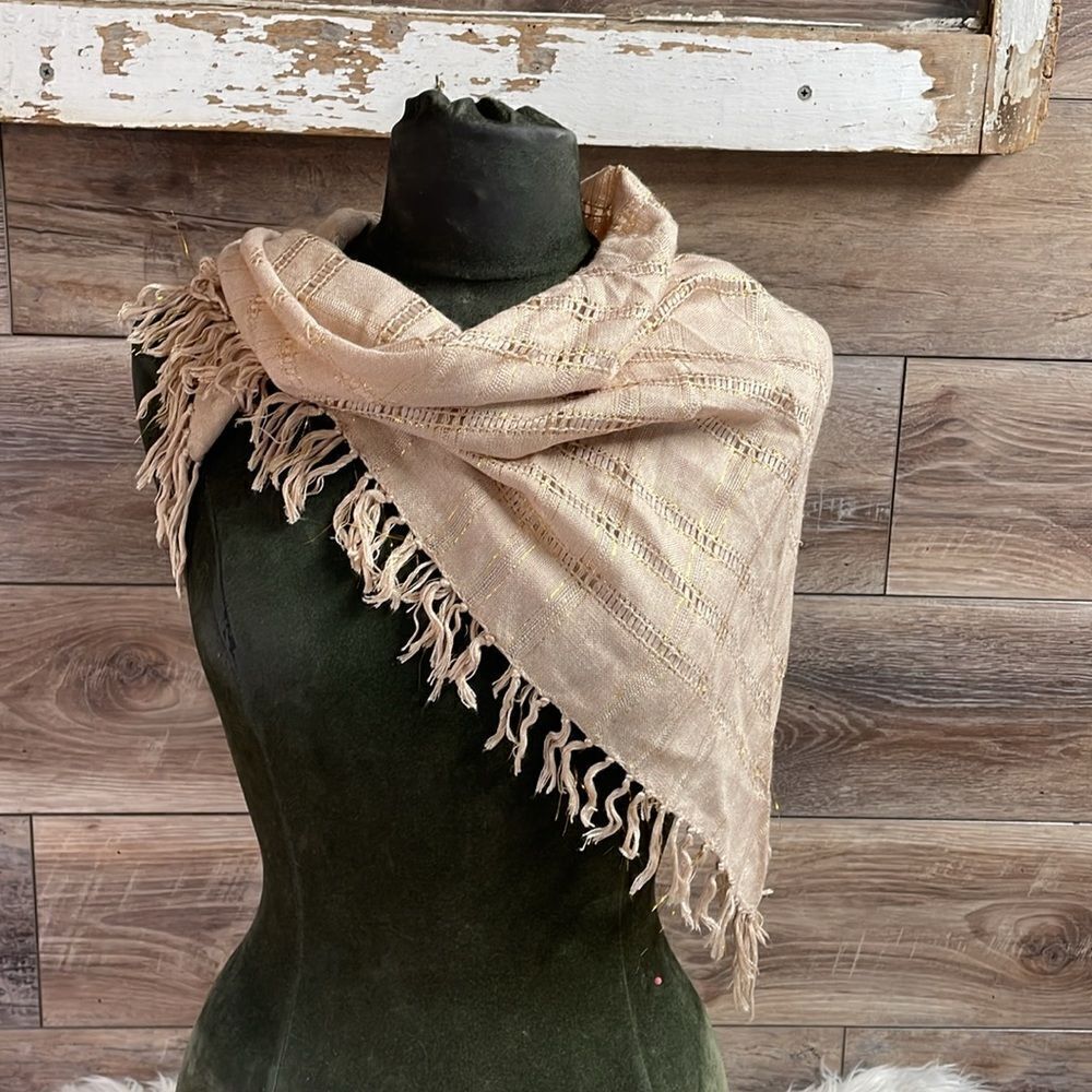 Flentex Ladies Scarf Fringe Wrap, Tan with Gold Metallic Threads, 30 X 30